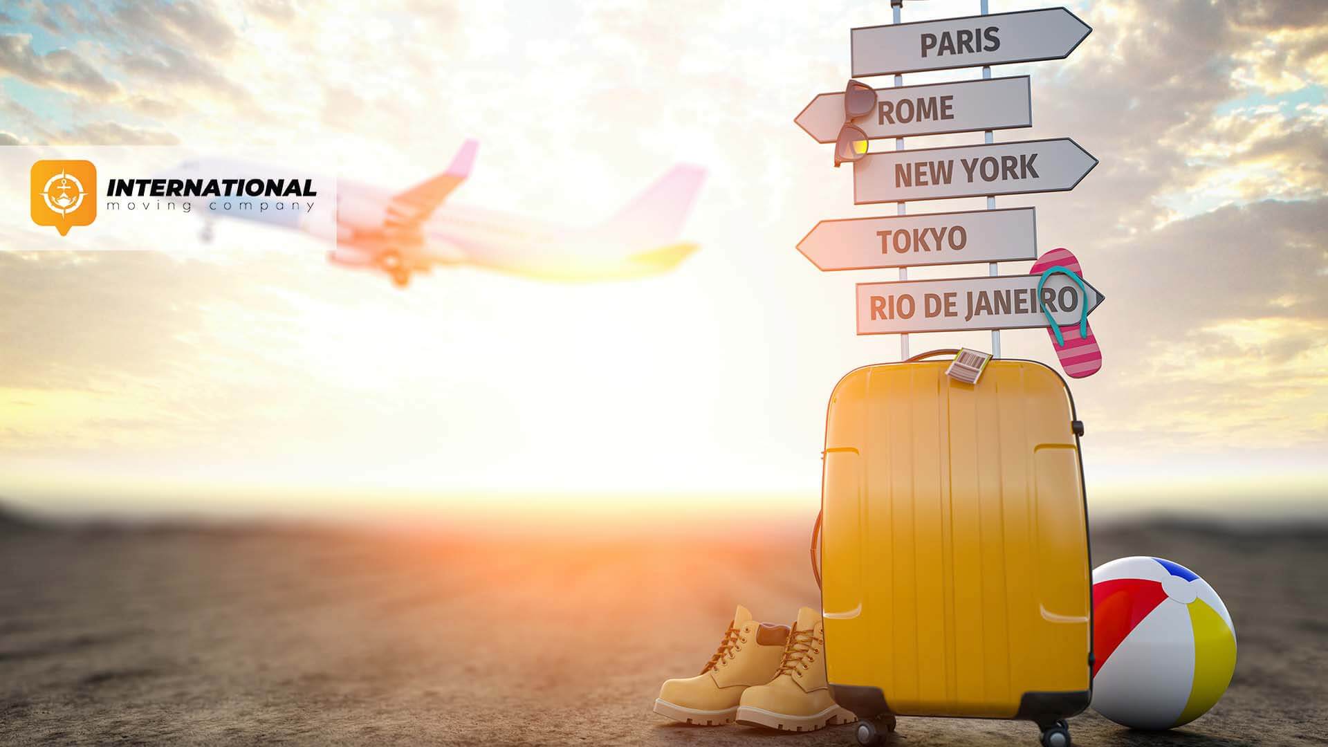 Suitcase with direction signs in front of an airplane taking off