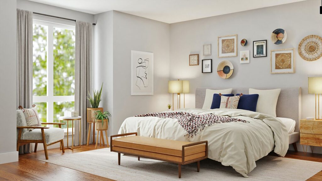 Bedroom with a large bed and a window on the left 