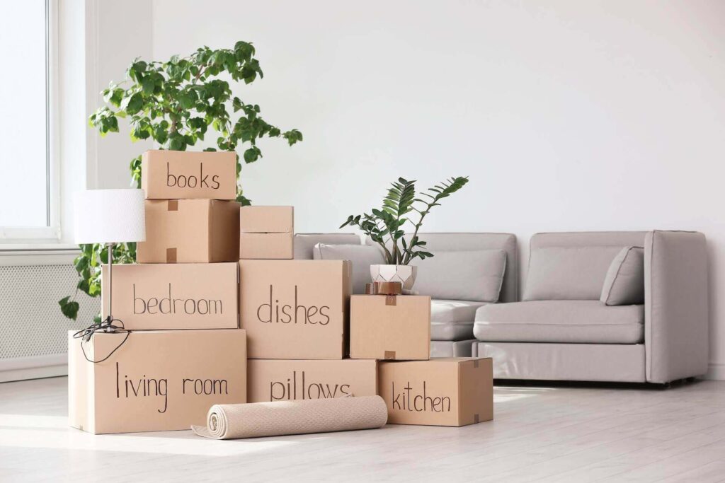 Boxes labeled for moving overseas